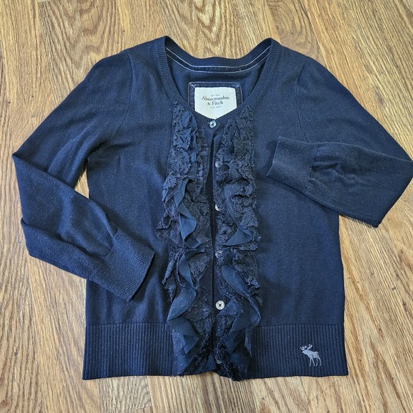 Abercrombie & Fitch Sweaters - Y2K Abercrombie & Fitch S Women Navy Lace Chiffon Ruffle Cardigan Sweater Ribbed